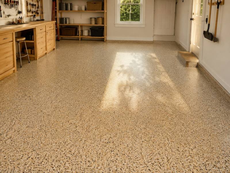 Tan flake epoxy floor in a home workshop in Sherwood Park
