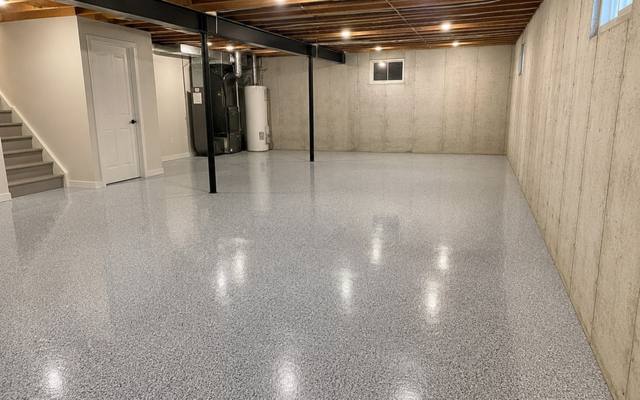 Grey flake epoxy floor in an unfinished basement in Sherwood Park