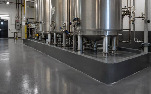 Coated containment curb around stainless process tanks in Sherwood Park