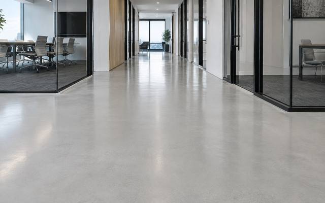 Pale epoxy floor down a glass-walled office corridor in Sherwood Park, Alberta