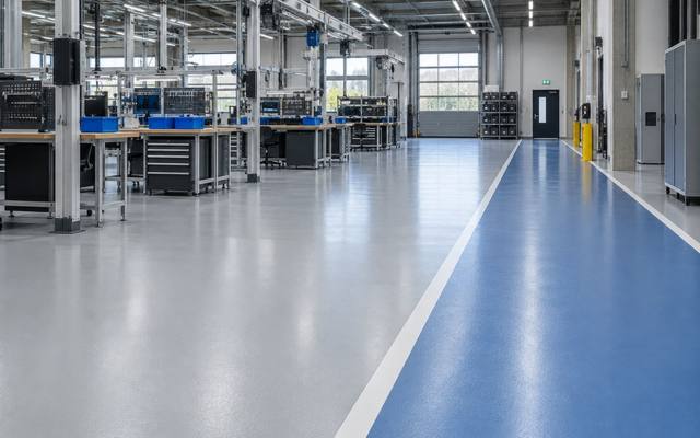 Blue walkway through an assembly area in Strathcona County