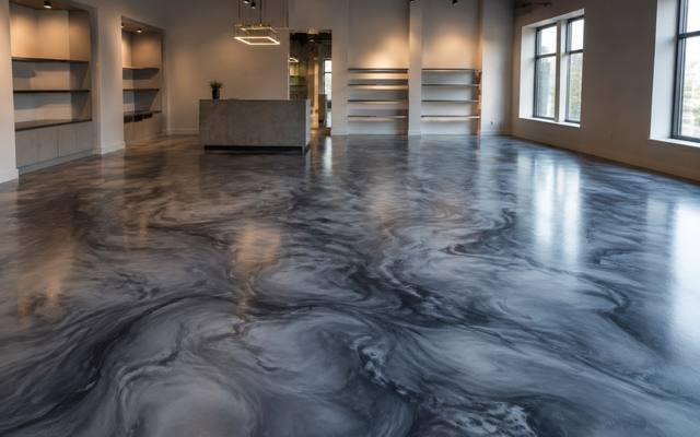 Blue-grey marbled metallic epoxy floor in an open room in Sherwood Park