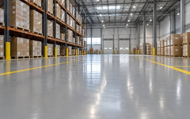 Glossy epoxy floor down a racked distribution aisle in Sherwood Park